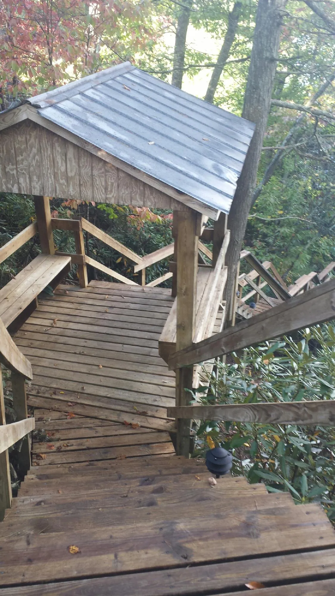 Metal roofed shelter over wooden steps on a wooded walkway — Skylight Repair & Installation work by our crew in Killduff